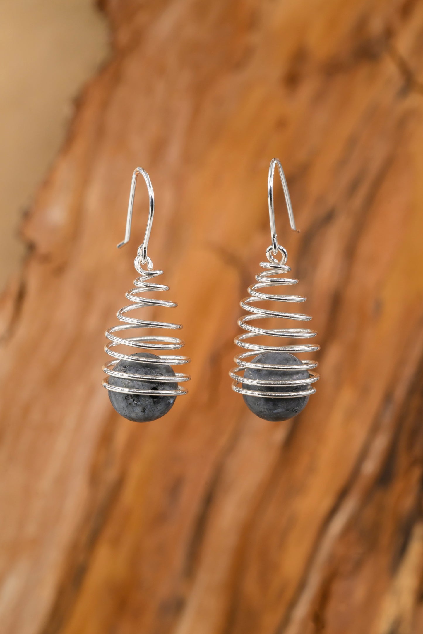 Spiral earring hangers with larvikite