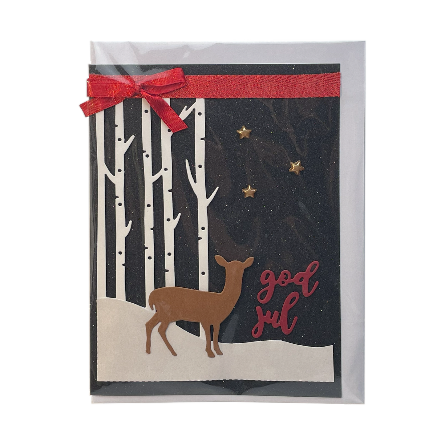 Då i Skov og God Jul på Sort Glimmerbaggrund med Hvid Kuvert