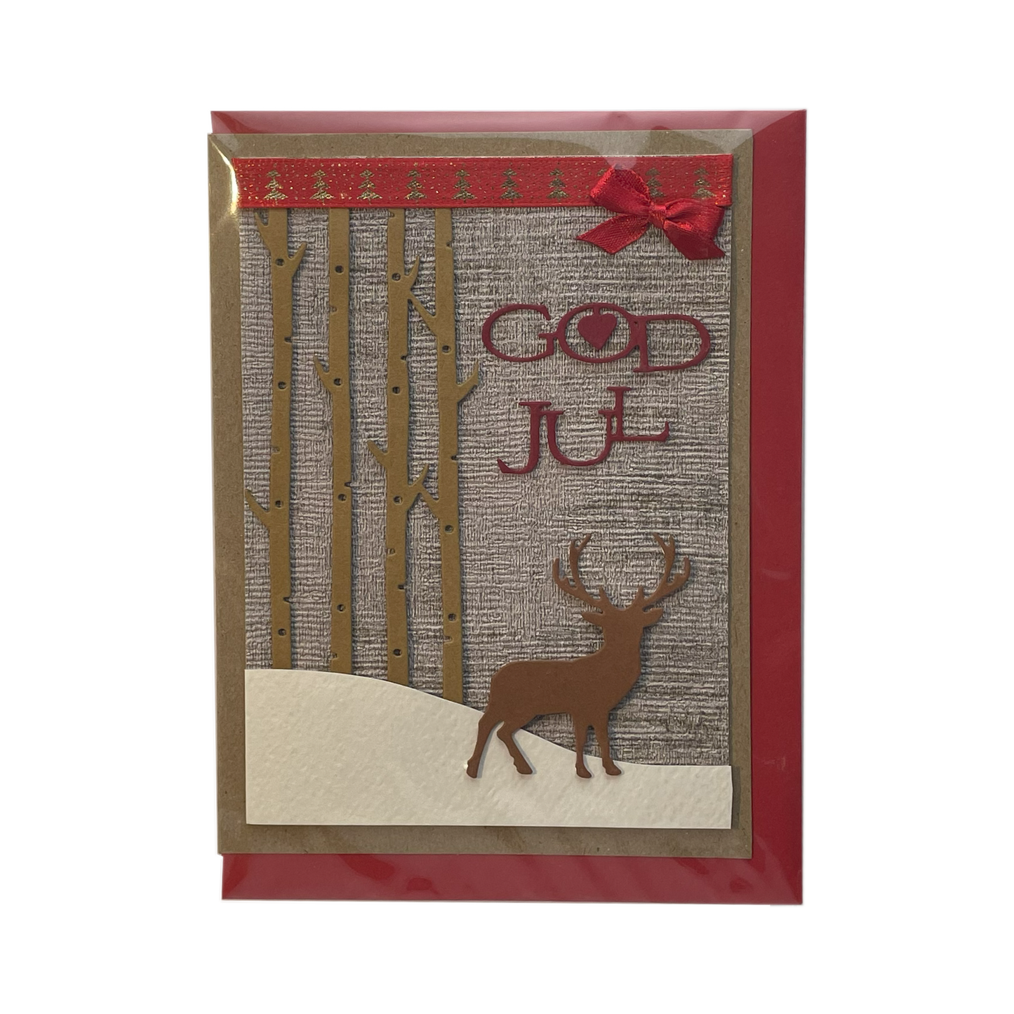 Kort med Hjort i Skov og God Jul med Rød Kuvert