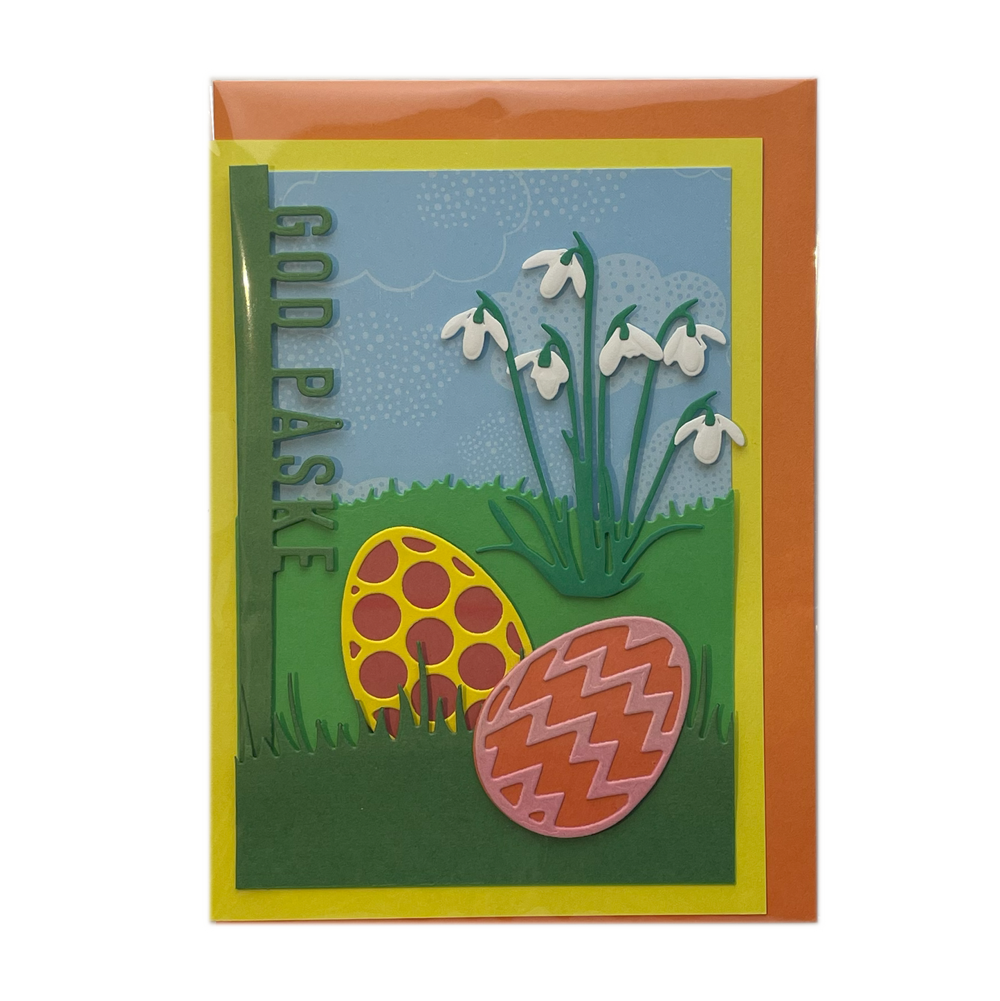 Kort, God Påske med Æg, Vintergækker og Orange Kuvert