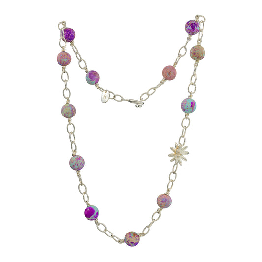 Necklace with aquamarine stone and a silver flower