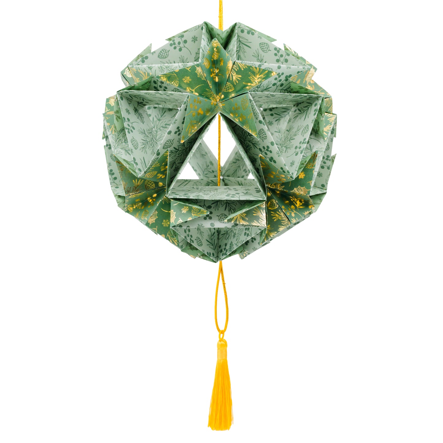 Stor juledekoration af papir, grøn og guld