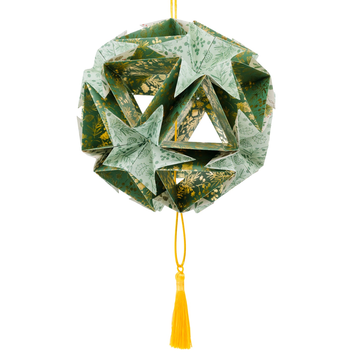 Stor juledekoration af papir, grøn og guld