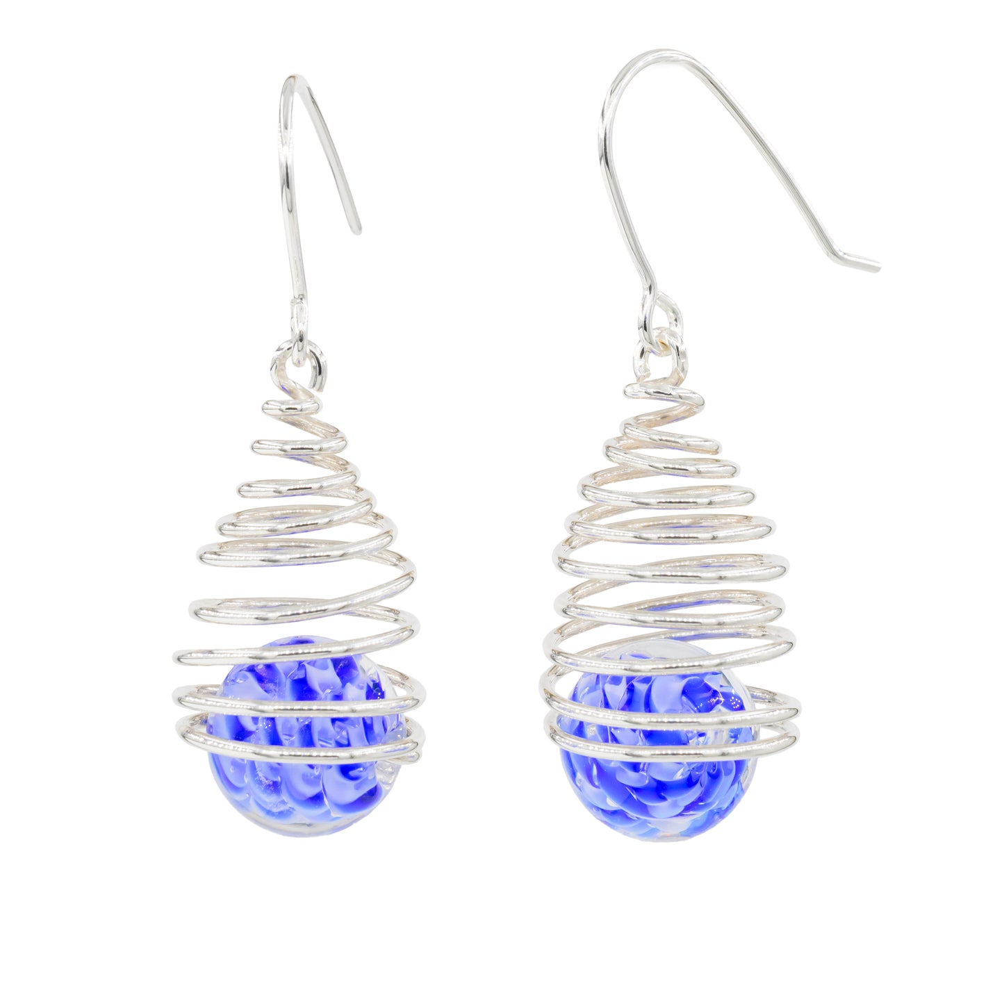 Spiral earring hangers with blue-striped glass balls