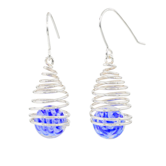 Spiral earring hangers with blue-striped glass balls
