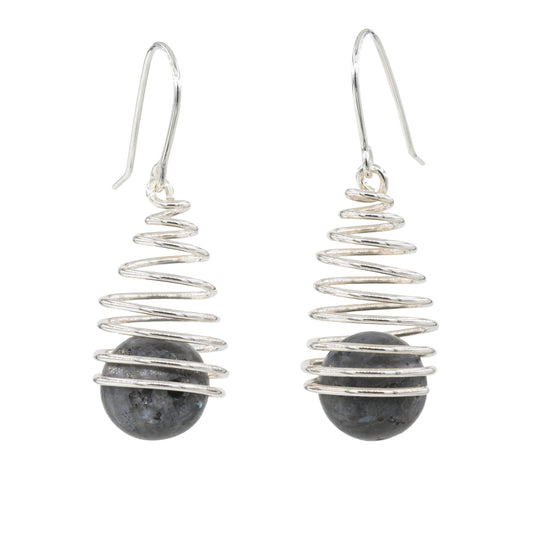 Spiral earring hangers with larvikite