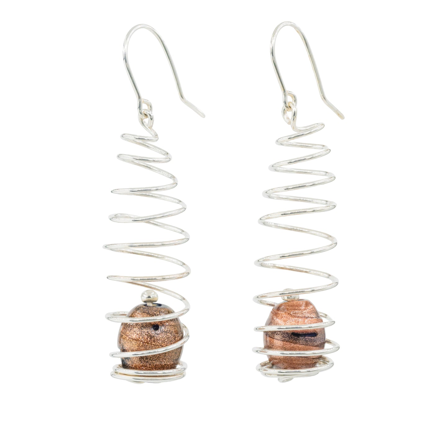 Long spiral earrings with brown glass beads