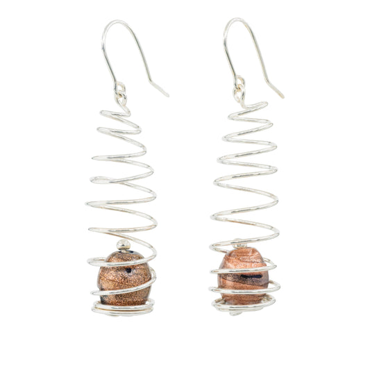 Long spiral earrings with brown glass beads