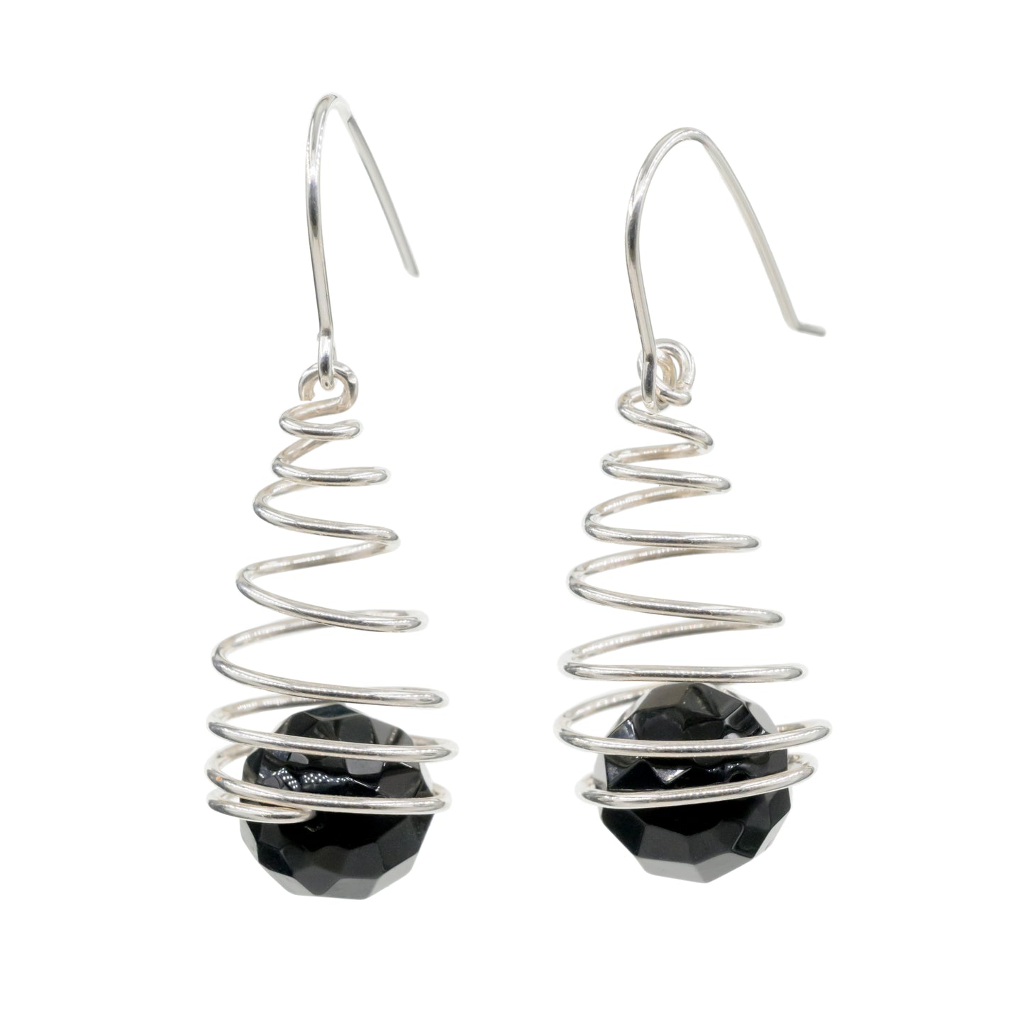 Spiral earrings with faceted onyx beads