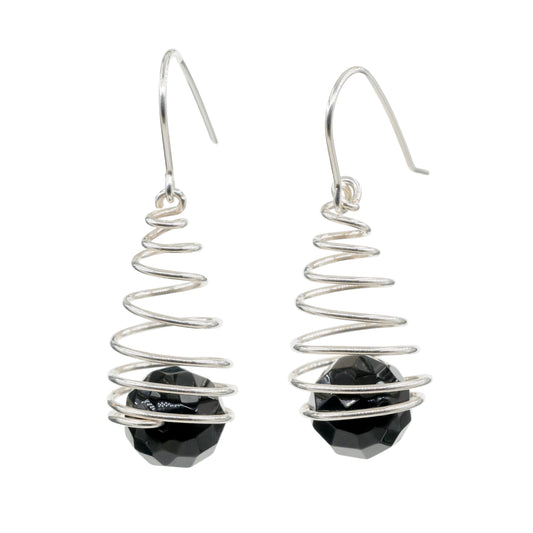 Spiral earrings with faceted onyx beads
