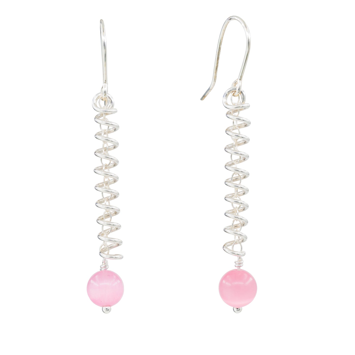 Narrow spiral earrings with pink cat's eye