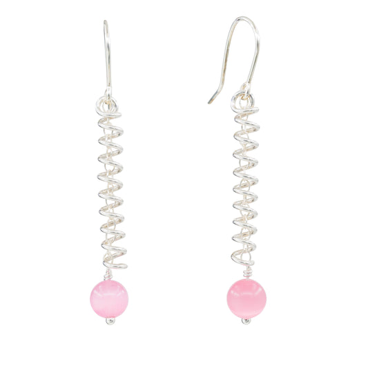 Narrow spiral earrings with pink cat's eye