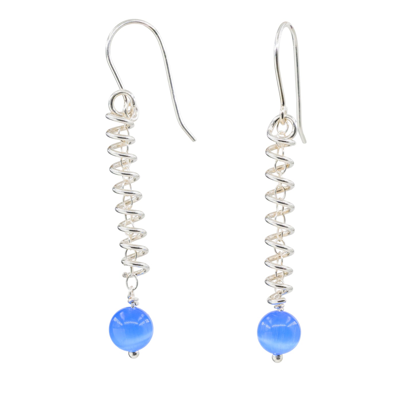 Narrow spiral earrings with blue cat's eye