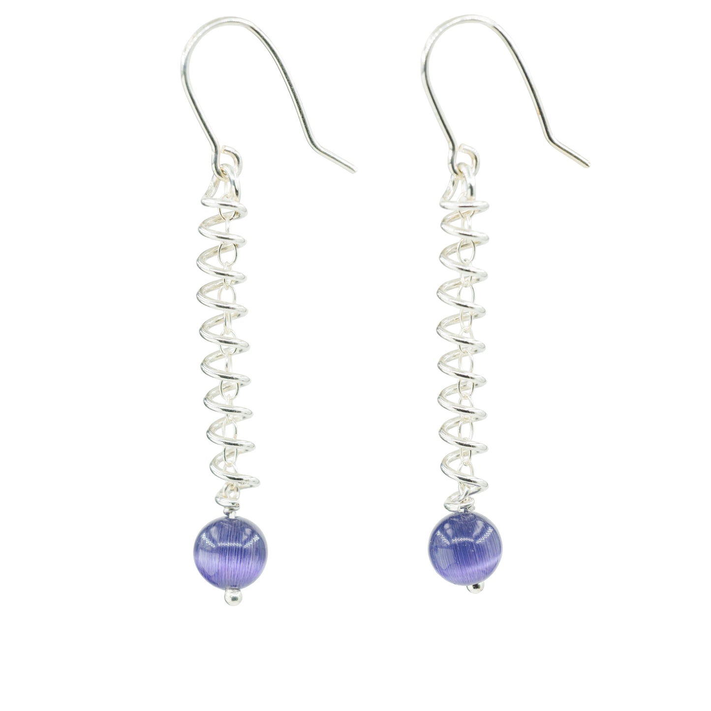 Narrow spiral earrings with purple cat's eye