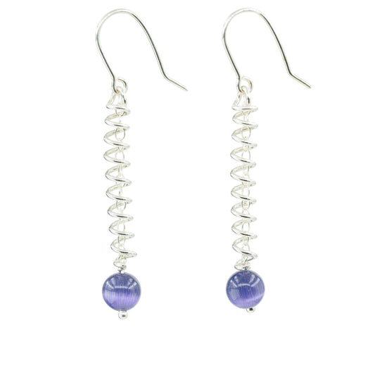 Narrow spiral earrings with purple cat's eye