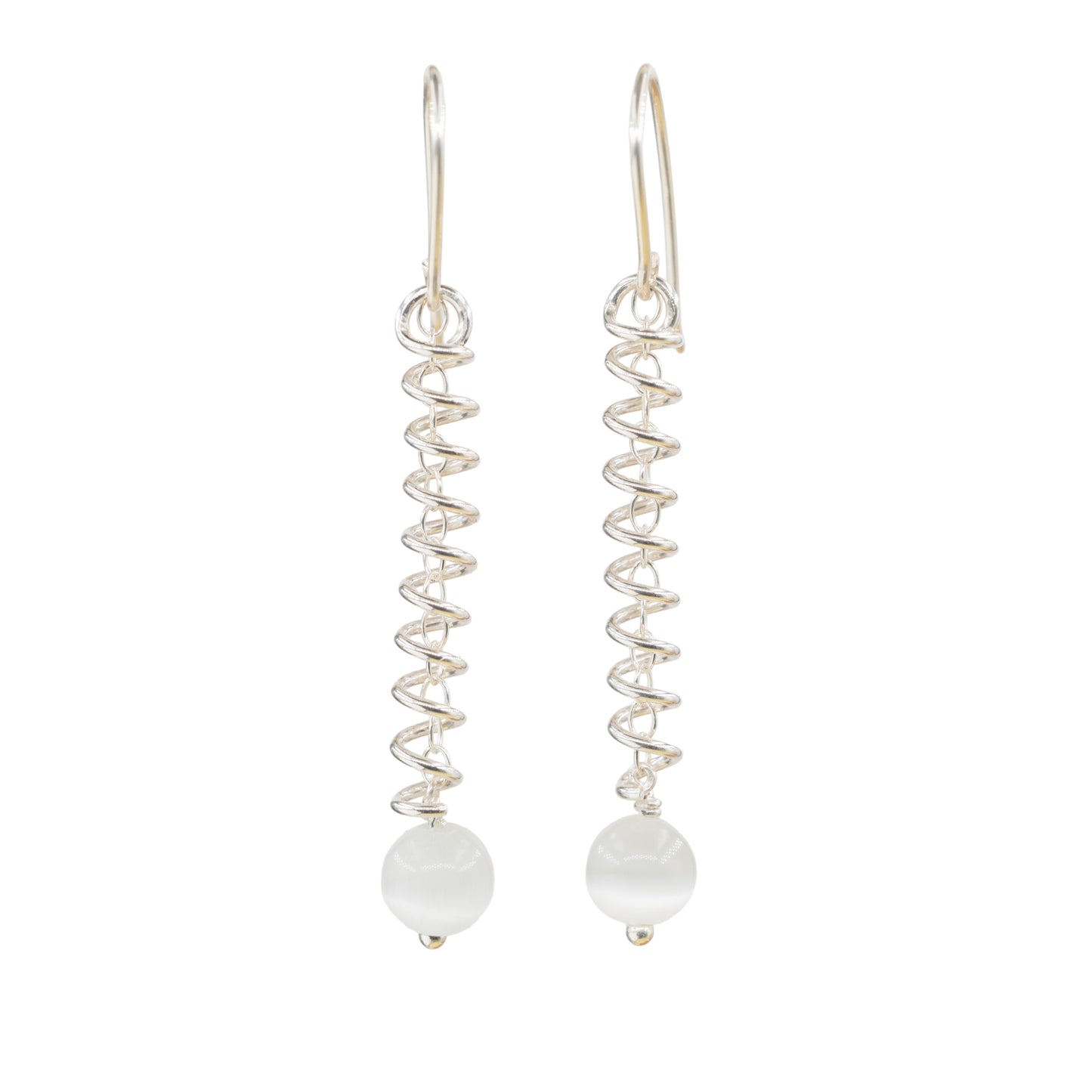 Narrow spiral earrings with white cat's eye
