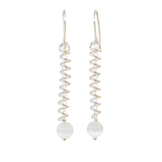 Narrow spiral earrings with white cat's eye