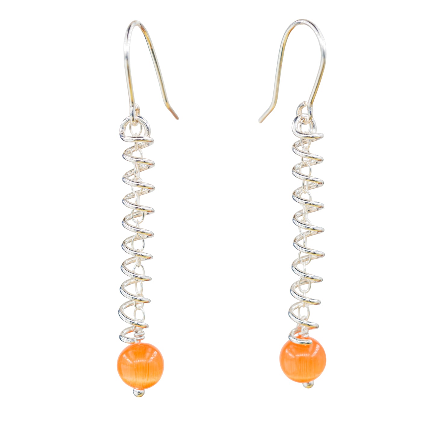 Narrow spiral earrings with orange cat's eye